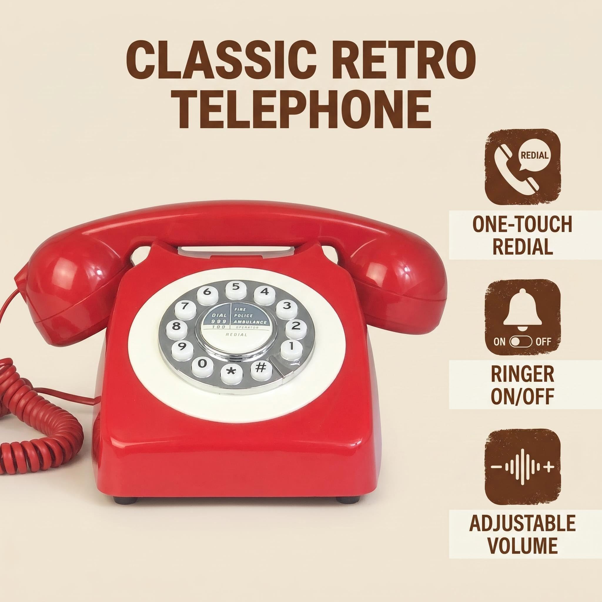 Amazon | TelPal コード付きレトロ電話 レッド 80年代クラシック電話